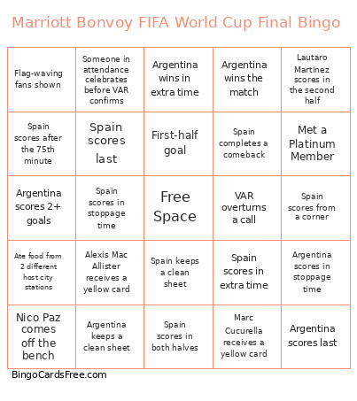 Marriott Bonvoy FIFA World Cup Final Bingo Card