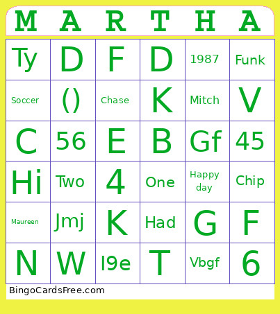 MARTHA Bingo Card