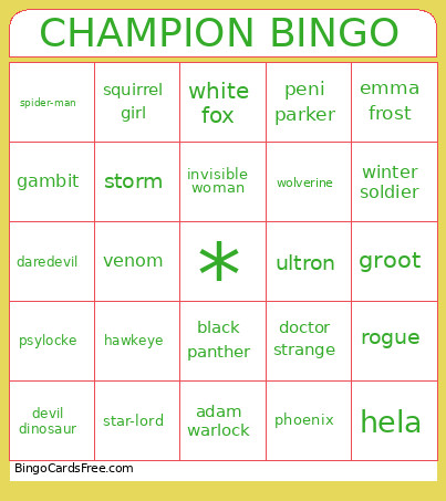 Marvel Champion Bingo Card