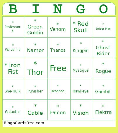 Marvel Characters Bingo Card