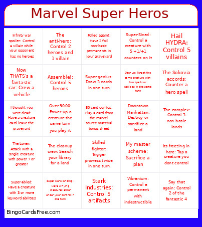 Marvel Super Heros Bingo Card