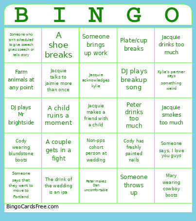 Mary And Cody Wedding Bingo Card