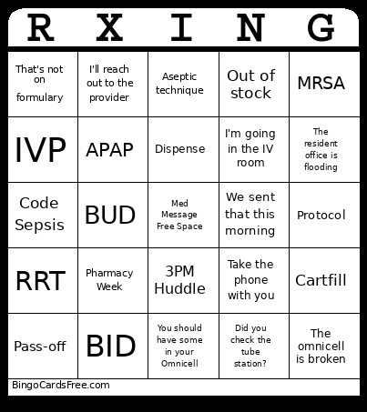 Mary Pharmacy Bingo Card