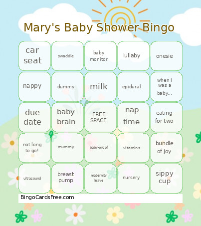 Mary's Baby Shower Bingo Card