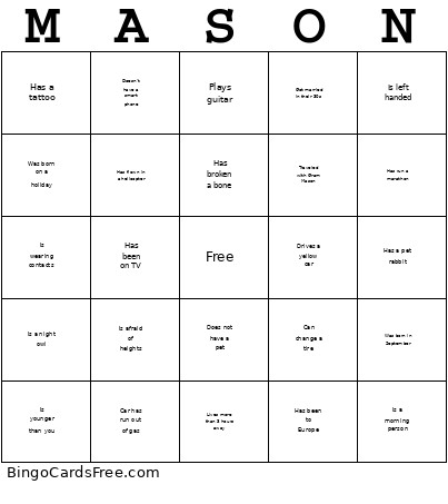 Mason Bingo Card