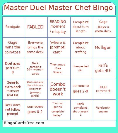 Master Duel Master Chef Bingo Card
