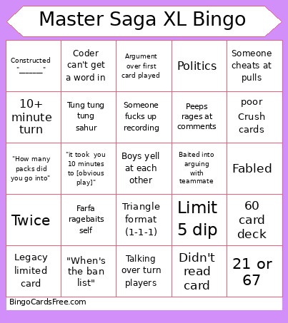 Master Saga XL Bingo Card