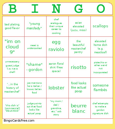 Masterchef Bingo Card