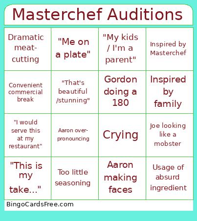 Masterchef Auditions Bingo Cards Free Pdf Printable Game, Title: Masterchef Auditions