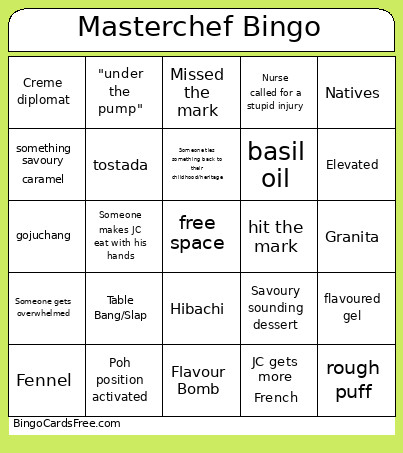 Masterchef Australia Bingo Card