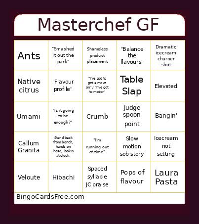 Masterchef GF Bingo Card