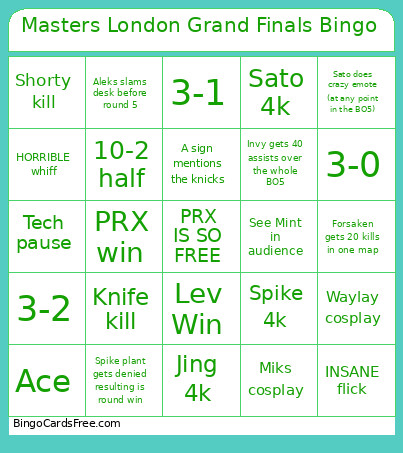 Masters London Grand Finals Bingo Card 2