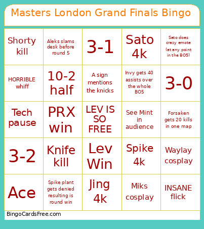 Masters London Grand Finals Bingo Card