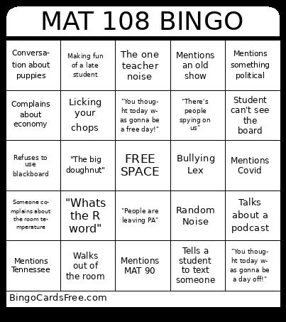 MAT 108 BINGO Cards Free Pdf Printable Game, Title: MAT 108 BINGO