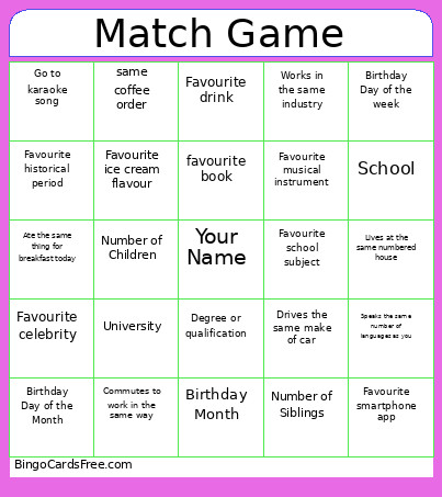 Match Game Bingo Card