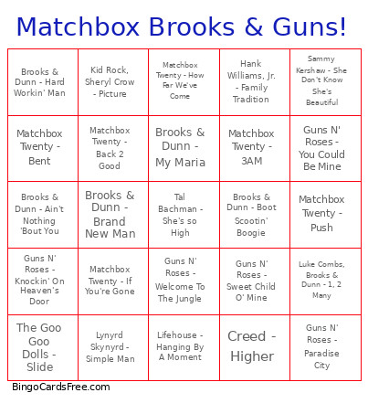 Matchbox Brooks & Guns! Bingo Card