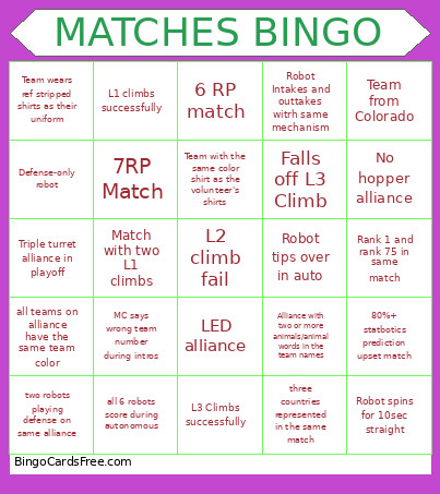 MATCHES Bingo Card