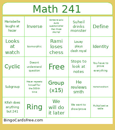 Math 241 Bingo Card