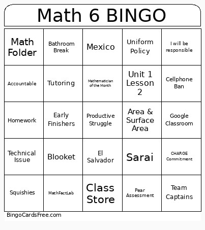 Math 6 Bingo Card