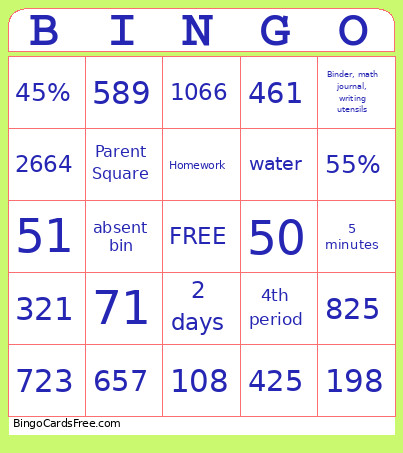 Math Bingo Card