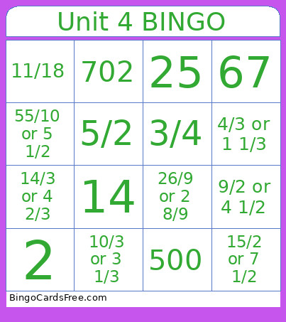 Math Board Bingo Card