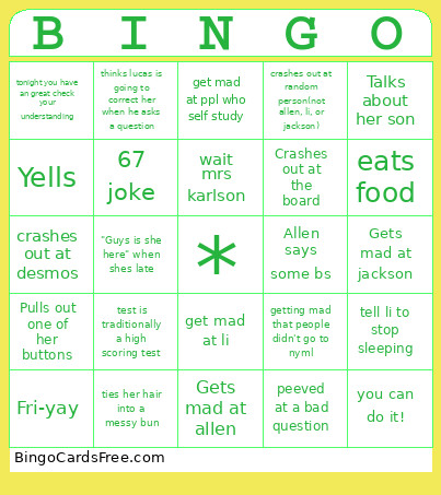 Math Class Bingo Card