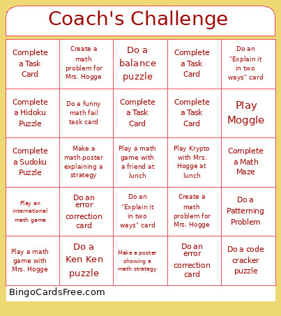 Math Coach Challenge Bingo Card
