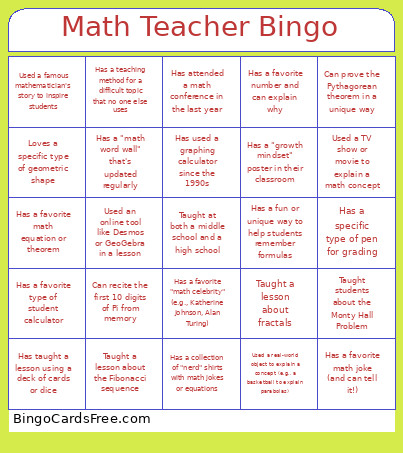 Math Teacher Bingo Card