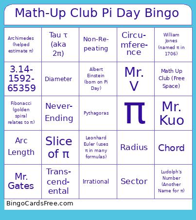 BFS Pi Day Bingo Cards Free Pdf Printable Game, Title: Math-Up Club Pi Day Bingo