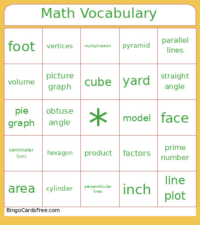 Math Vocabulary Bingo Card