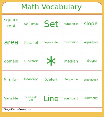 Math Vocabulary Bingo Card