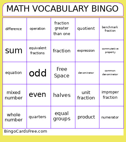 MATH VOCABULARY Bingo Card