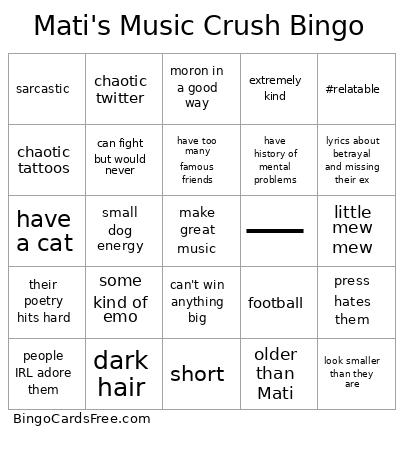 Mati's Music Crush Bingo Card