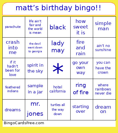 Matt’s Birthday !! Bingo Card