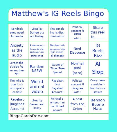 Matthew's IG Reels Bingo