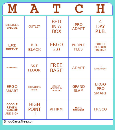 Mattress Firm Bingo Card