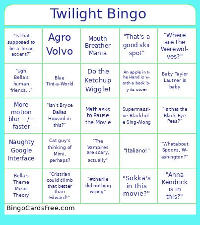 Matt's Twilight Reaction Bingo Cards Free Pdf Printable Game, Title: Twilight Bingo