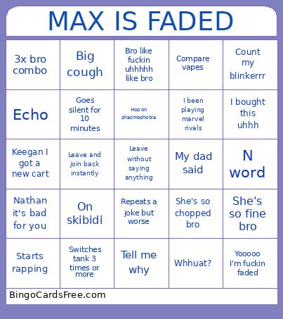 MAX IS FADED Bingo Card
