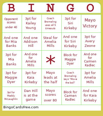 Mayo Girls Basketball Bingo Card
