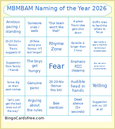 MBMBAM Naming Of The Year 2026 Bingo Card