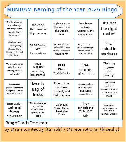 MBMBAM Naming Of The Year 2026 Bingo Card