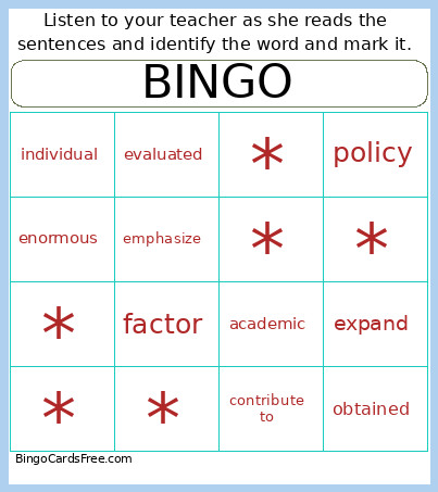 MC2, U2, R 1&2 Bingo Card