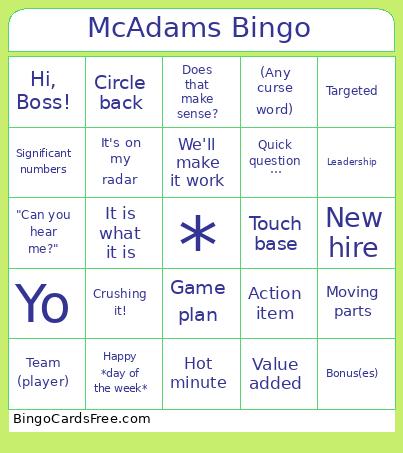 McAdams Bingo Card