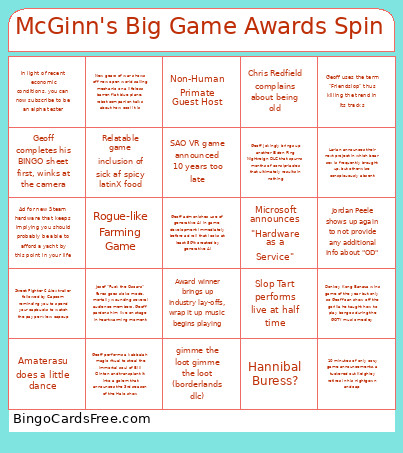 McGinn's Big Game Awards Spin Bingo Card