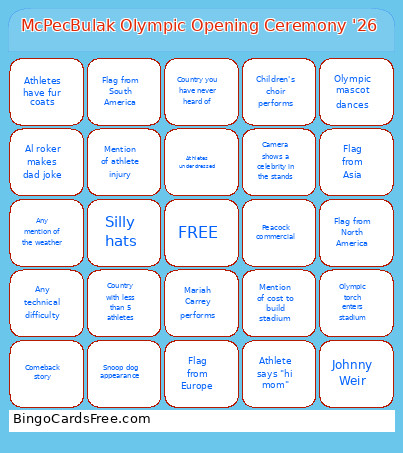McPecBulak Olympic Opening Ceremony '26 Bingo Card