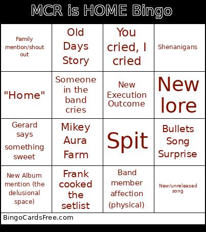 MCR Is HOME Bingo Card
