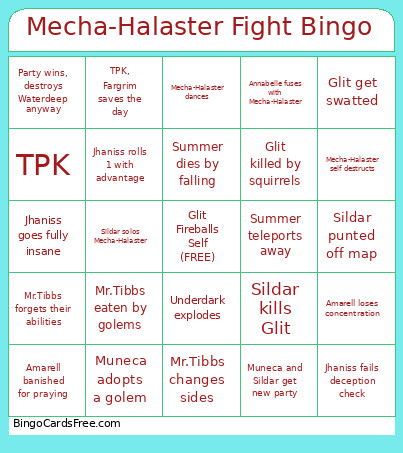 Mecha-Halaster Fight Bingo Card