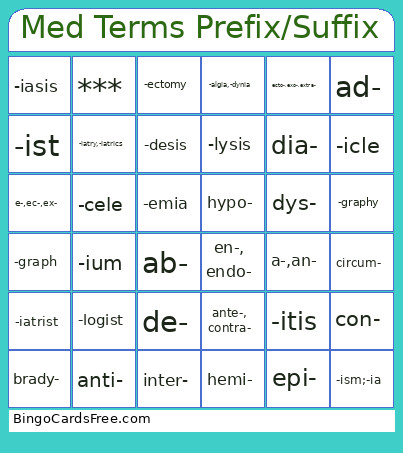 Med Terms Prefix/Suffix Bingo Card