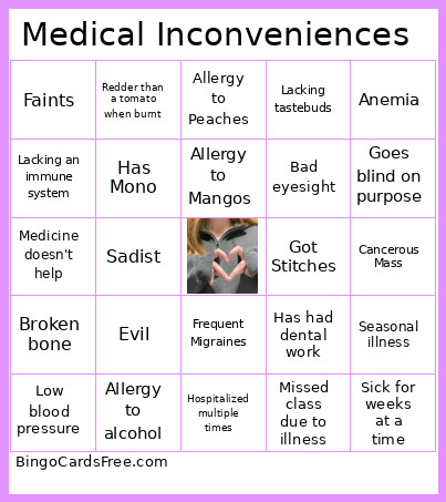 Medical Inconveniences Bingo Card