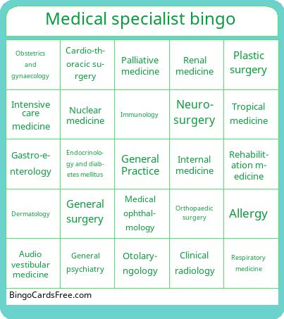 Medical specialist Bingo (UK) Cards Free Pdf Printable Game, Title: Medical specialist bingo